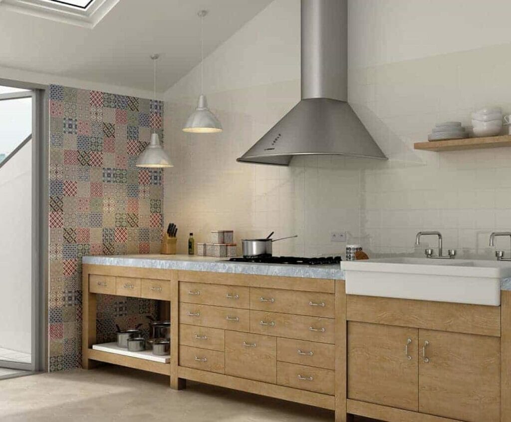 Choose a classic tile combination with these colourful Country Patchwork Kitchen tiles.