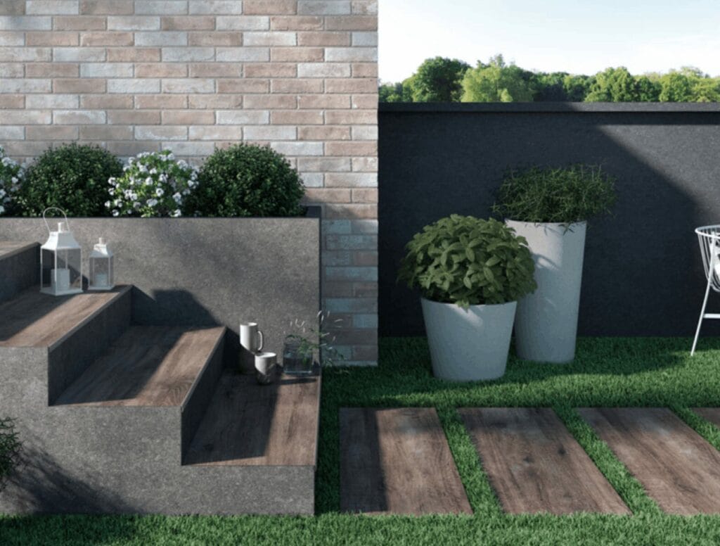 These Greenwood Griege 20mm outdoor tiles are a popular choice for creating cosy garden spaces with a natural wooden effect.