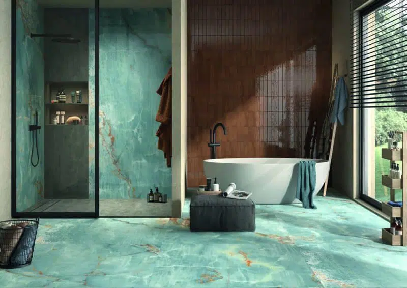 The image features The Room BLU AQ6 12LP Onyx Aqua Blue Gold Polished Tile
